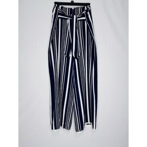 INC International Concepts Pant Women L Blue White Stripe Wide Leg High Rise Zip